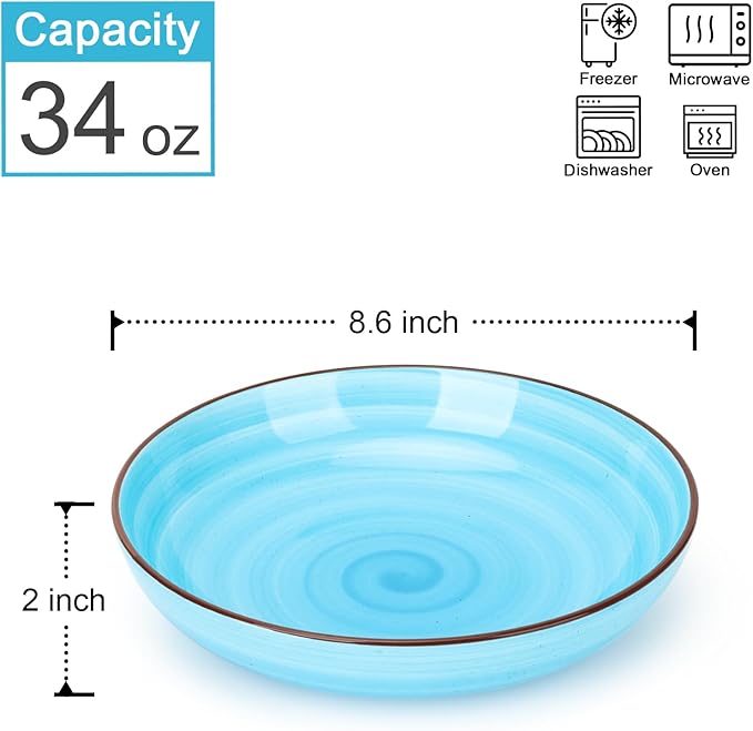 KitchenTour Large Pasta Bowls 34 oz, Ceramic Salad Serving Bowls Set of 6, 8.6 Inch Wide and Shallow for Soup- Dishwasher and Microwave Safe, Assorted Cool Colors
