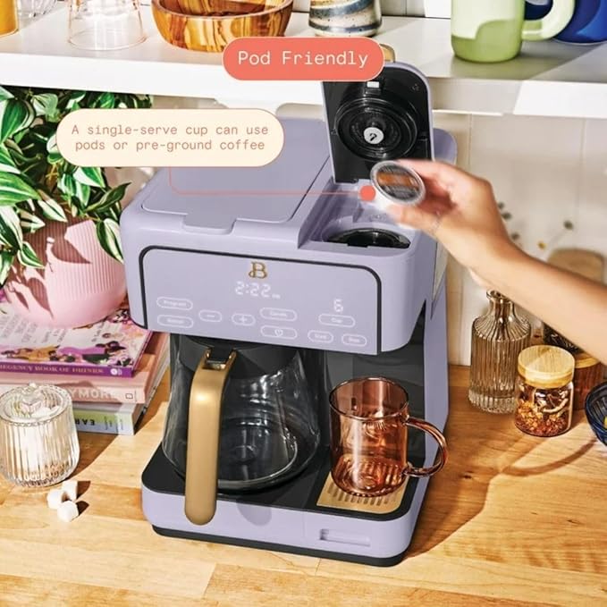 Beautiful by Drew Barrymore Multi-Brew Coffee Maker, 12-Cup Carafe + Single-Serve, Pods or Grounds, Over Ice, Touch Display. (Lavender)