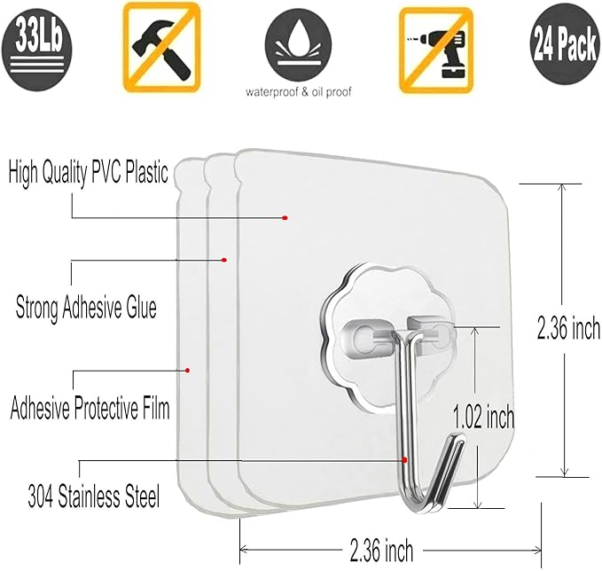 12 Pack Heavy Duty Self Adhesive Hooks - 33lb Max, Transparent, Waterproof, Sticky Wall Hooks for Keys, Bathroom, Shower, Outdoor, Kitchen, Door, Home Improvement, Utility