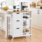Yaheetech Kitchen Island Cart on Wheels with Bamboo Countertop, Rolling Serving Utility Trolley Cart with 3 Drawers, 3 Removable Shelves & Lockable Casters, Storage Cabinet for Dining Room, Bar, White