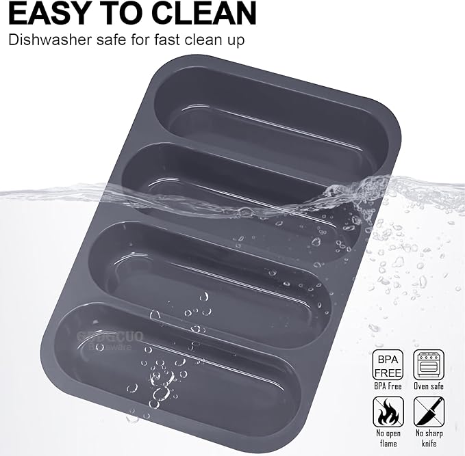 Silicone Hotdog Bun Pan, 6 Inch Standard Hot dog Bun Mold, 4 Cup Non-stick Homemade Hotdog Bun Baking Pans, Mini Baguette Pans, Dishwasher Safe, 2 Pcs (Grey)