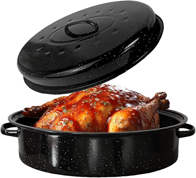 15"Oval Roasting Pan With Lid Small Chicken Roaster With 13.7in Inner Diameter Enamel Steel Roasting Pot Suitable for Outdoors Family Dinnerhigh Temperature Resistance Holiday Gifts