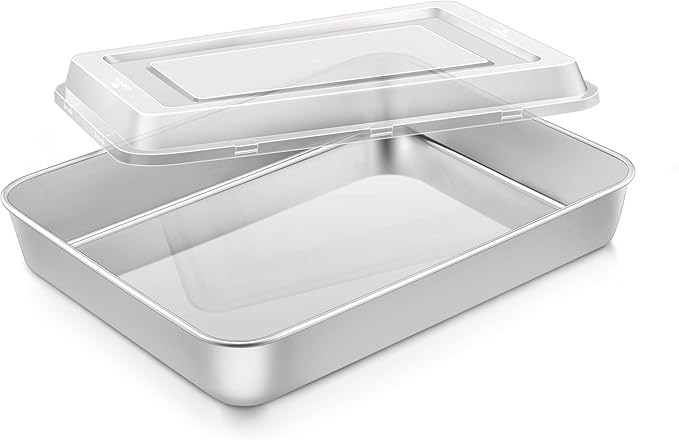 Lasagna Baking Pan Set with Lid, Rectangle 10⅜ x 8⅛ x 2 Inch Stainless Steel Cake Brownie Pan, Non Toxic & Deep
