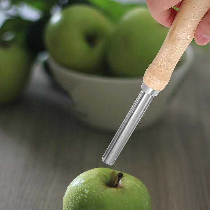 Cabilock 2pcs Corer and Pitter, Stainless Steel Fruit Corer with Wooden Handle, Serrated and Smooth Pitter for Apple, Pear, Peach