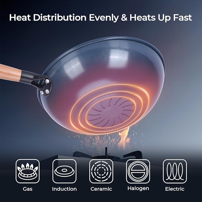 Non-Stick Wok with Steamer Basket,12 Inches Stir Fry Pans with Lid, Flat Bottom Pan Multifunctional Cookware Chinese Woks for Induction, Gas, Halogen(Blue)