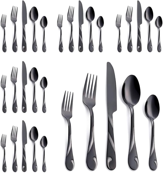 Black Silverware Set for 6, 30-Piece Stainless Steel Flatware Set, Shiny Black Metal Cutlery Set, Include Fork, Knife and Spoon Set, Dishwasher Safe