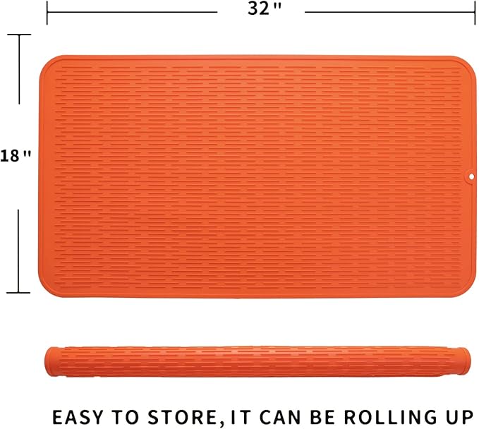 Silicone Dish Drying Mat for Multiple Usage,Easy clean,Eco-friendly,Heat-resistant Silicone Mat for Kitchen Counter or Sink,Refrigerator or Drawer Liner Orange 4XL 32 inches x 18 inches