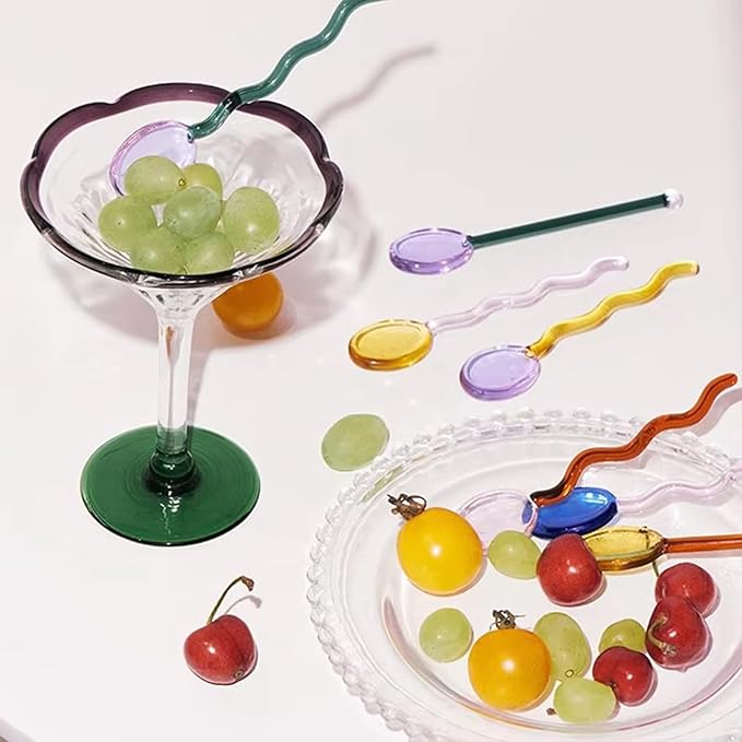 5 Pieces Glass Spoons, Creative Colorful Glass Dessert Spoon Colored Transparent Coffee Milk Curved Handle Stirring Teaspoon for Home Bar Party (Round)