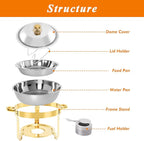 2-Pack Gold Round Chafing Dishes for Buffet, 5QT Stainless Steel Buffet Chafing Set for Catering, Parties & Events