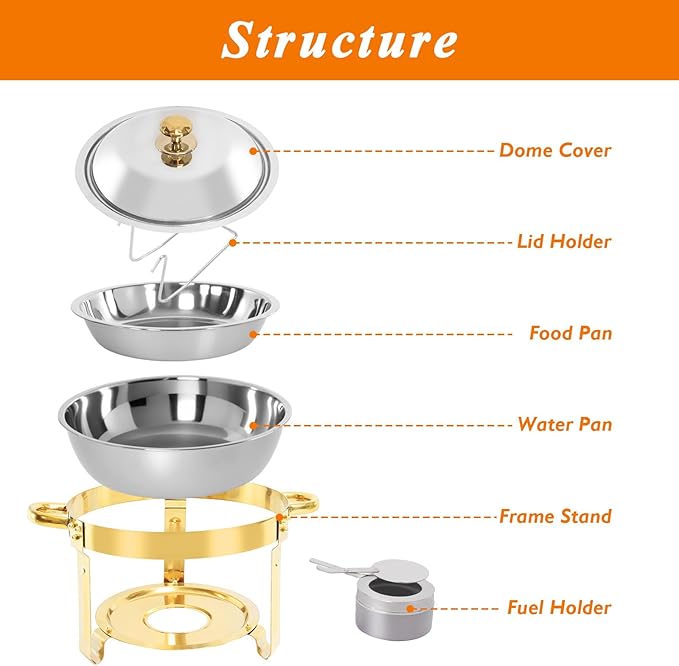 2-Pack Gold Round Chafing Dishes for Buffet, 5QT Stainless Steel Buffet Chafing Set for Catering, Parties & Events