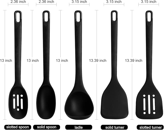 Silicone Kitchen Cooking Utensils Set: MOACC Heat Resistant 13inch Long Kitchen Gadgets, BPA Free Non Stick Rubber Cook Accessories For Food Prep, Frying, Serving, Basting (Black)