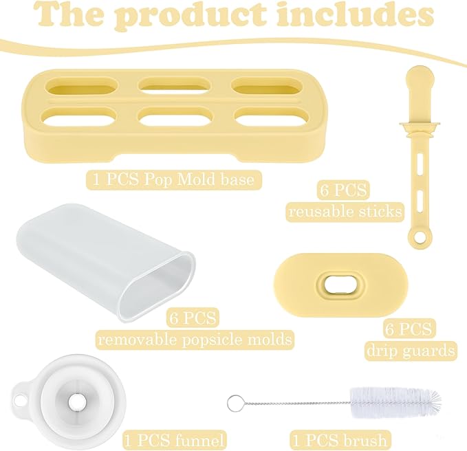 WMKGG Popsicles Molds Set, 6 PCS Ice Pop Mold,Homemade Ice Cream Mould with Sticks, Popsicle Maker(Yellow)