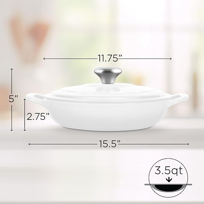 Signature Enameled Cast Iron Braiser, Non-Stick Serving Pot with Tight Fitting Lid for Perfect Roasting, Baking, Sauteing, Searing, and Pan Frying | 3.5Q (3.3L) - White