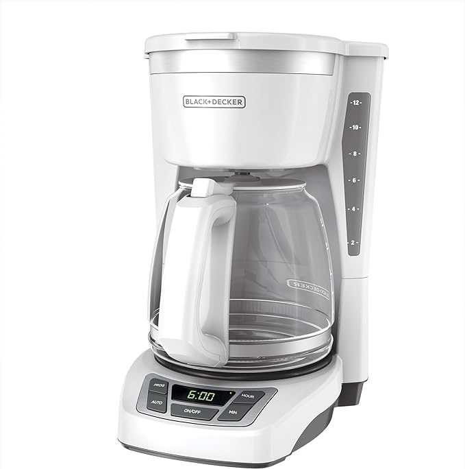 BLACK+DECKER 12-Cup Digital Coffee Maker, CM1160W, Programmable, Washable Basket Filter, Sneak-A-Cup, Auto Brew, Water Window, Keep Hot Plate, White
