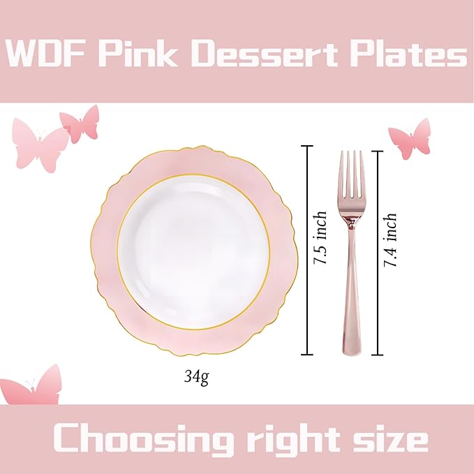 WDF 60pcs Pink Dessert Plates - 7.5inch Baroque Pink &White Disposable Dessert/Salad/Appetizer Small Cute Cake Plates for Upscale Parties &Wedding-Special for Bridal Shower, Brithday, Baby Shower