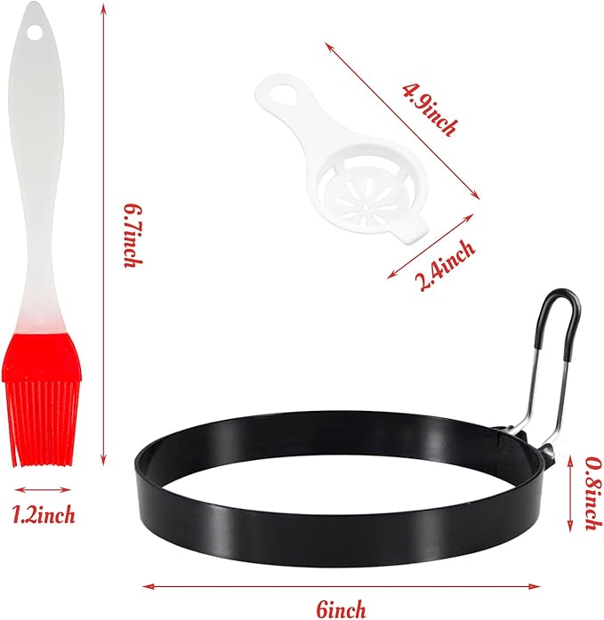2 Packs 6 Inch Egg Pancake Mold, Round Egg Rings for Frying Eggs Pancake Molds Rings for Griddle Stainless Steel Nonstick Fried Egg Cooker Ring with Insulated Handle Oil Brush and Egg Separator