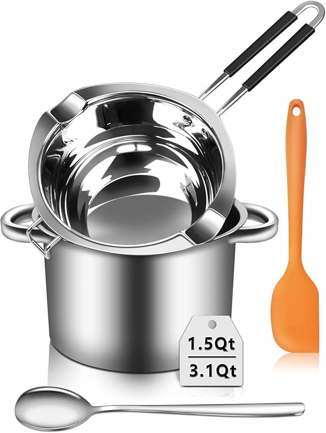 Artcome 304 Stainless Steel Melting Pot Set with Dual-Handles, Silicone Spatula & Spoon, 2600ml Pot & 1200ml Melting Bowl, Heat-Resistant Silicone Handles, Perfect for Melting Chocolate, Butter