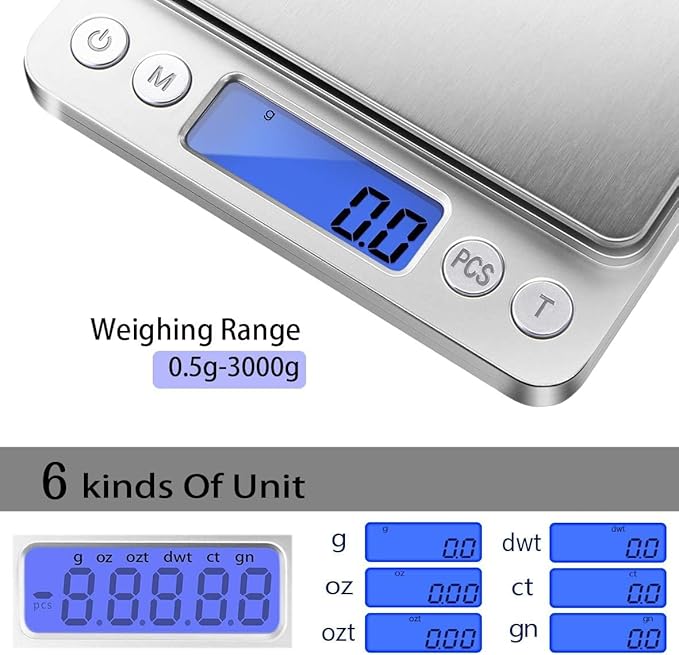 Fuzion Digital Kitchen Scale 3000g/ 0.1g, Pocket Food Scale 6 Measure Modes, LCD, Tare, Digital Scale Grams and Ounces with 2 Trays for Food, Cooking, Nutrition, Reptiles(Battery Included)
