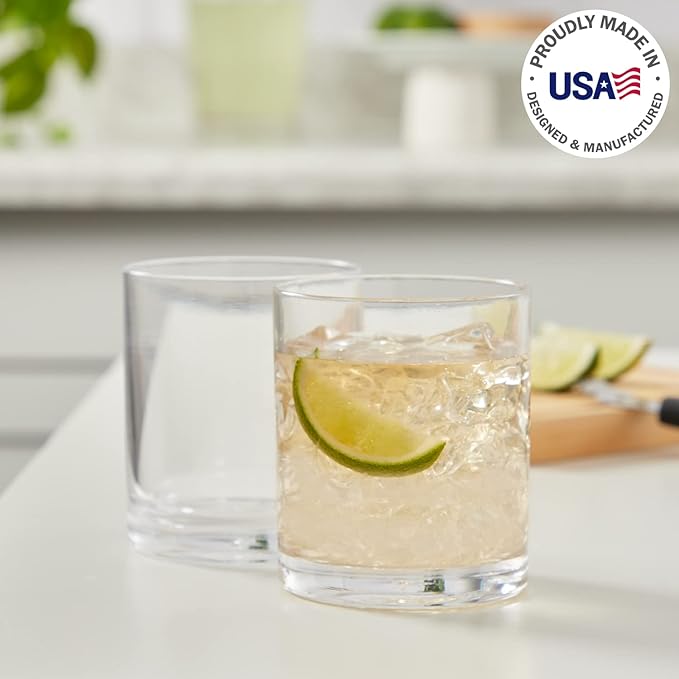 US Acrylic Classic Clear Plastic Reusable Drinking Glasses (Set of 6) 12oz Rocks Cups | BPA-Free Tumblers, Made in USA | Top-Rack Dishwasher Safe