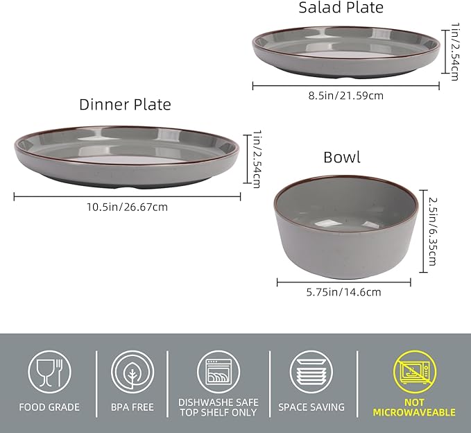 12-Piece Melamine Dinnerware Sets – Unbreakable Plates & Bowls Sets for Outdoor, Camping, Picnic, Party – Durable Dishware Sets, Lightweight & Shatterproof (Fog Gray)