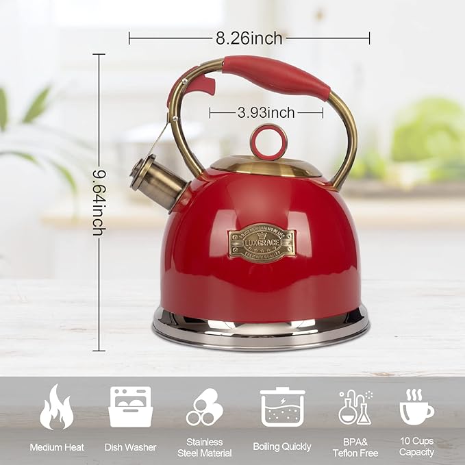Tea Kettle, Stovetop Whistling Teapot, Stainless Steel, Red, 3.0-Quart