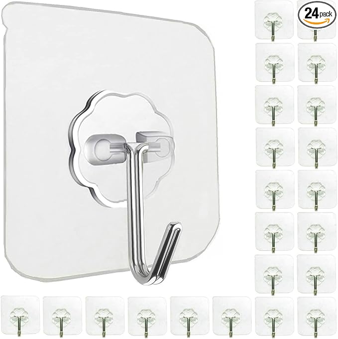 24 Pack Heavy Duty Self Adhesive Hooks - 33lb Max, Transparent, Waterproof, Sticky Wall Hooks for Keys, Bathroom, Shower, Outdoor, Kitchen, Door, Home Improvement, Utility