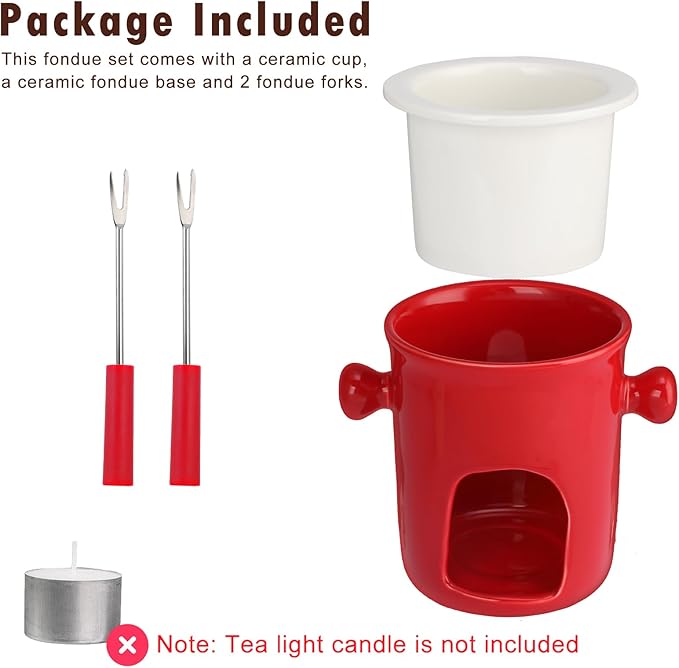 BSTKEY 280ML Ceramic Butter Warmer Set with 2 Forks, Fondue Pot Melting Pot Set, Melt Hot Pot Bowl Set for Cheese Chocolate Butter Caramel (Red)