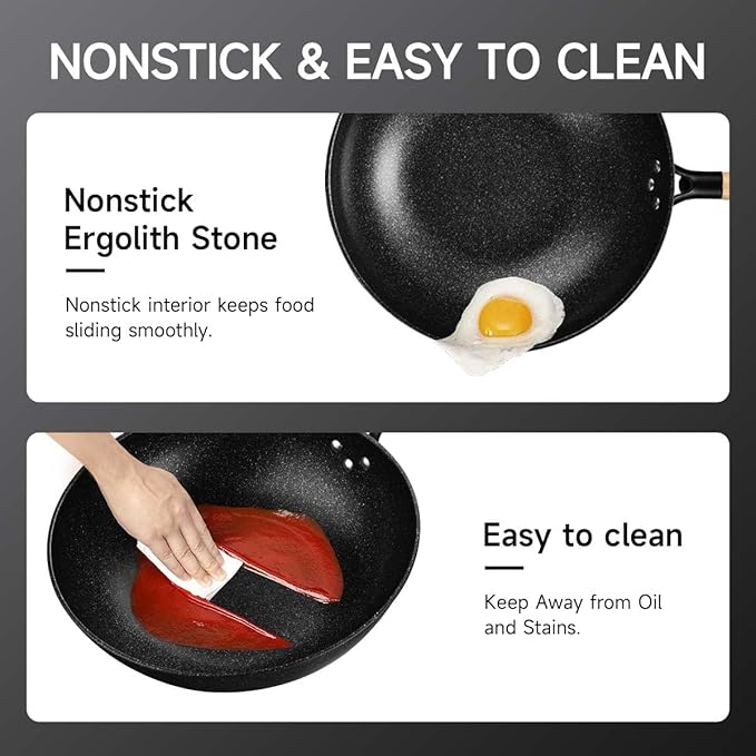Non-Stick Wok with Steamer Basket,12 Inches Stir Fry Pans with Lid, Flat Bottom Pan Multifunctional Cookware Chinese Woks for Induction, Gas, Halogen