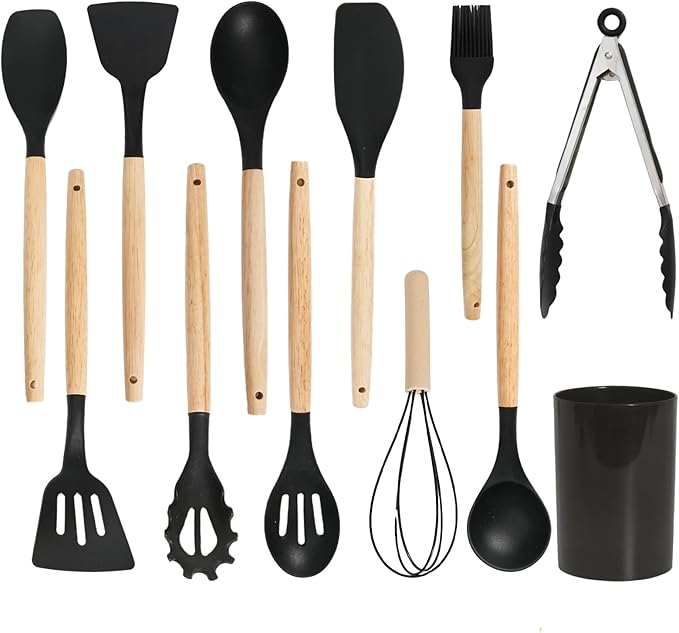 Silicone Cooking Utensil Set,12 PCS Cooking Cookware Kitchen Utensils Set, Nonstick 446°F Heat-Resistant Cookware Kitchen Tools of Spatula,Turner Tongs,Spoon,Brush,Whisk,（black）