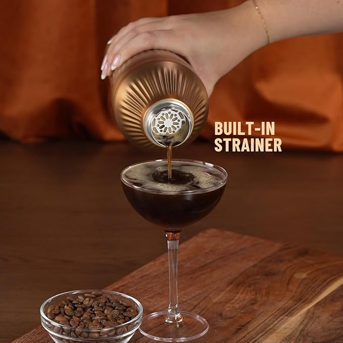 Elevated Craft Diamond Edition Hybrid Cocktail Shaker Set - Premium Vacuum Insulated Brushed Copper, 28 oz, Includes Built-In Strainer, Precise Measuring Top & XL Polishing Cloth - Martini Shaker