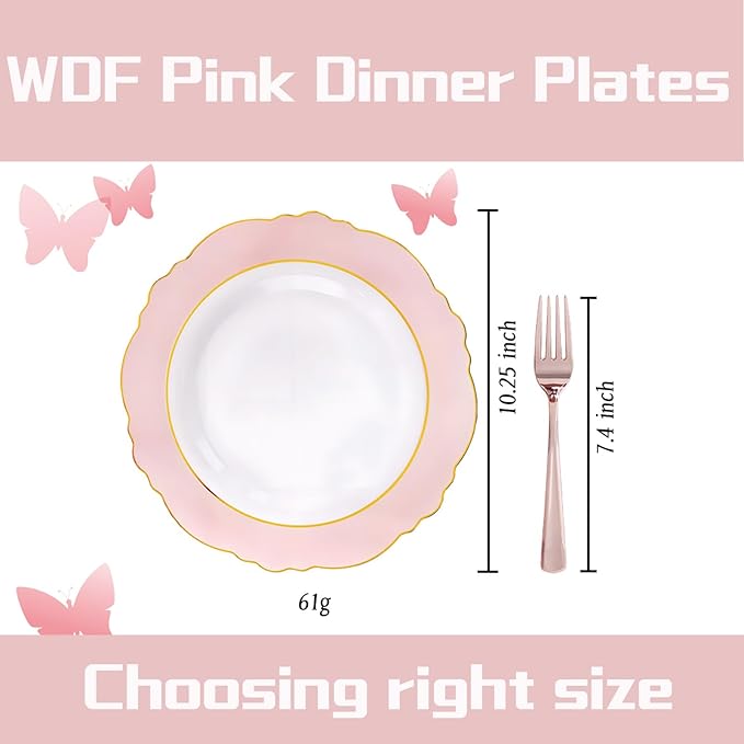 WDF 60pcs Pink Plastic Plates - 10.25inch Baroque Pink And Gold Disposable Dinner Plates for Upscale Parties -Special for Wedding, Party,Birthdays, Baby Shower