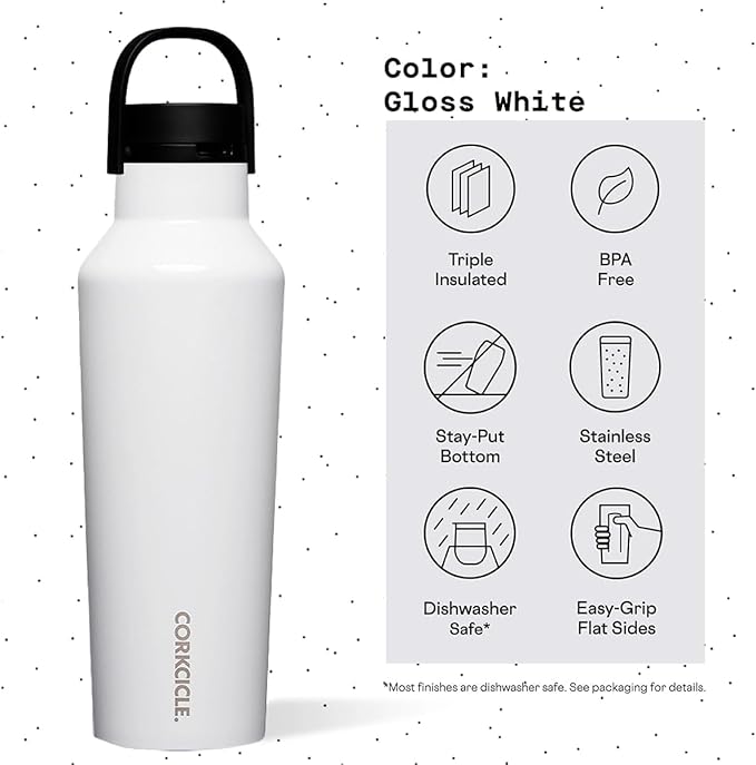 Corkcicle Sport Canteen - Keeps Drinks Cold 25 Hours - Stainless Steel Water Bottle - Triple-Insulated - Spill-Proof - Summer Drinkware Gift - Keeps Drinks Ice Cold - 20 oz - Gloss White