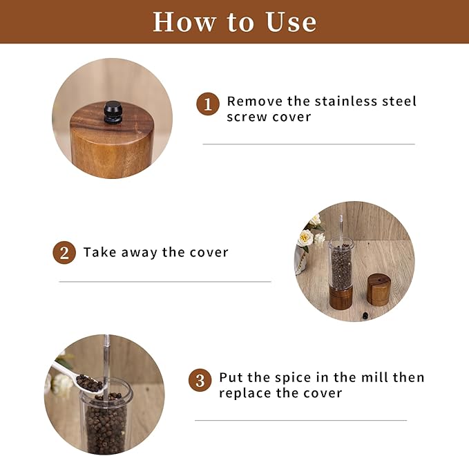 Acacia Wood Salt Grinder and Pepper Grinder Set Premium Acrylic Salt and Pepper Mill Set, Manual Salt and Pepper Mills- Wooden Shakers with Adjustable Ceramic Core 8 Inches 2 Pack