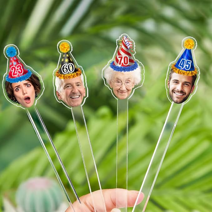 Personalized 50 Pcs Drink Stirrers With Photo Face, Custom Birthday Hat Stir Sticks, 30th - 50th Birthday Party Decorations, 70th 80th 90th Birthday Decor, Pet Birthday Cocktail Sticks DS2