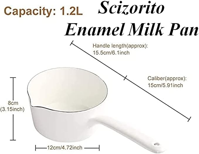 1.2L Enamel Milk Pan, Nonstick Milk Pot with Pour Spouts, Even Heat Conduction, Easy to Cook and Clean, Enamel Pot for Home Kitchen or Restaurant White
