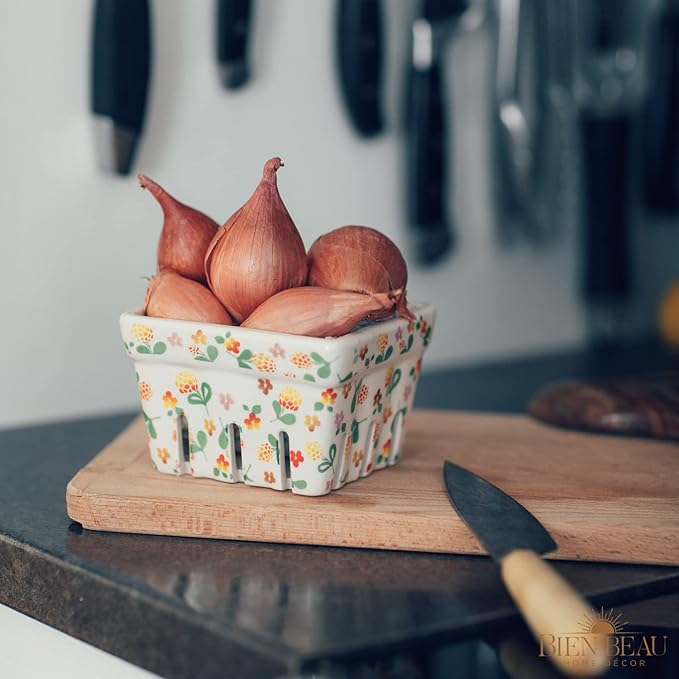 Ceramic Berry Basket, Farmhouse Colander, Farmers Market square Bowl. Rustic Kitchen decor fruit bowls, Fruit Baskets, Yellow, White and floral pattern Stoneware Harvest Bowls Set of 4