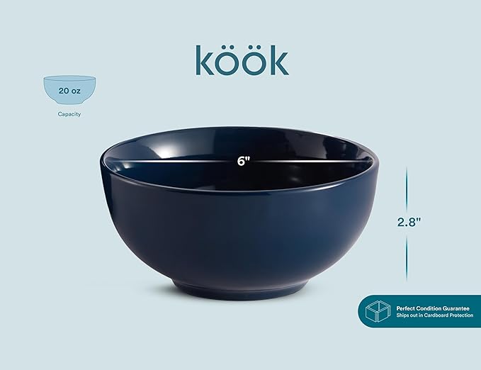 KooK Soup Bowls, Cereal Bowl, Ceramic, Bowls for Kitchen, Microwave, Dishwasher and Freezer Safe, Porcelain Dishes for Pasta, Salad, Oatmeal, Deep Interior, 20 oz, Set of 6, (Navy)