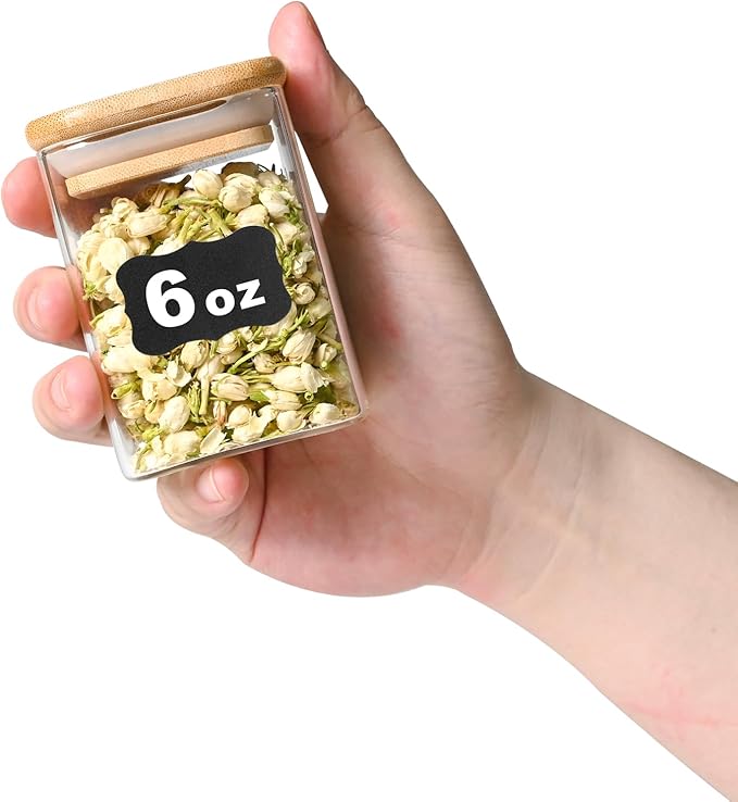 Glass Food Storage Jars Square 6oz, 16 Pack Glass Jars With Bamboo Lids, Kitchen Storage Containers For Spice, Candy, Cookie, Storage For Pantry Organizers