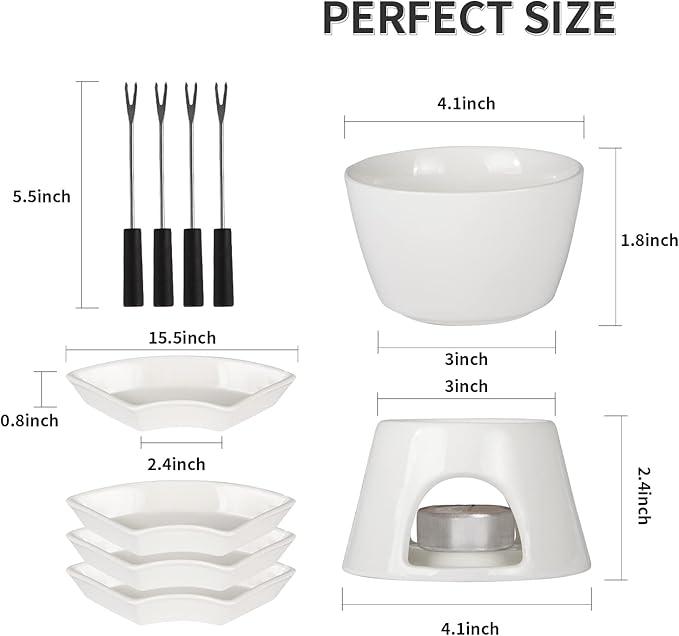 Fondue Set with 4 Dipping Bowls and 4 Forks, Ceramic Fondue Kit Premium Tea Light Porcelain Melting Pot for Cheese, Chocolate and Tapas