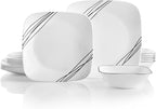 Corelle Vitrelle 18-Piece Service for 6 Dinnerware Set Triple Layer Glass and Chip Resistant, Lightweight Square Plates and Bowls Set, Simple Sketch