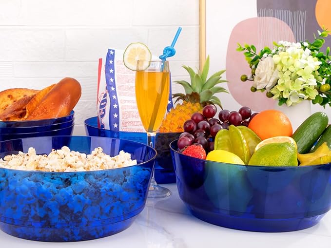 Hioasis 8 Pack Plastic Serving Bowls 128oz Clear Blue Plastic Bowls Heavy Duty Disposable Serving Bowls for Party Snack & Salad & Candy & Bar Buffet & Pool Party