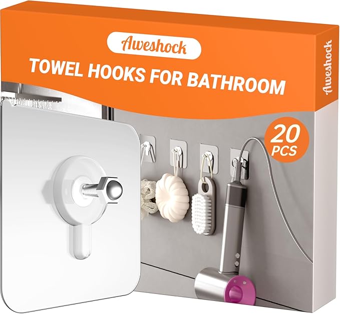 Shower Hooks for Inside Shower, 20 Packs Wall Hangers Without Nails,Adhesive Wall Hooks 13 lbs Load Max, Bathroom WallSticky for Hanging Towels