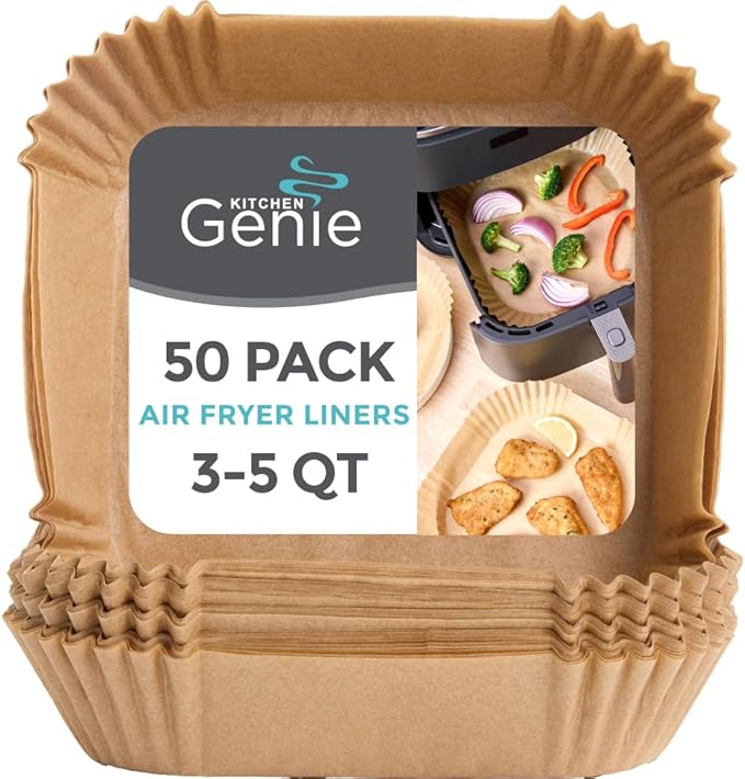 KITCHEN GENIE Heavy Duty BPA-Free Air Fryer Liners Disposable, Non-Stick Parchment Paper Sheets for Easy Clean Cooking, Fits 5-8 QT Basket, Microwave, Toaster Oven, Unbleached, 6.5 Inch Square, 50 PCS