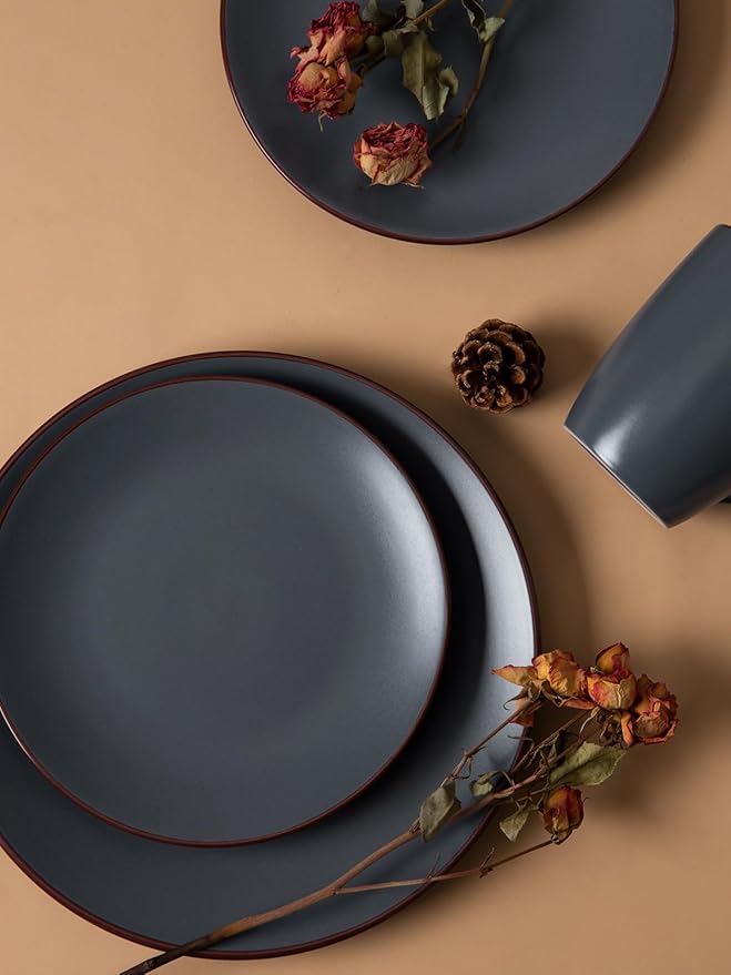 Famiware Venus Plates and Bowls Sets, 18 Pieces Stoneware Dinnerware Sets, Speckled Dishes Set for 6, Microwave and Dishwasher Safe, Matte Charcoal