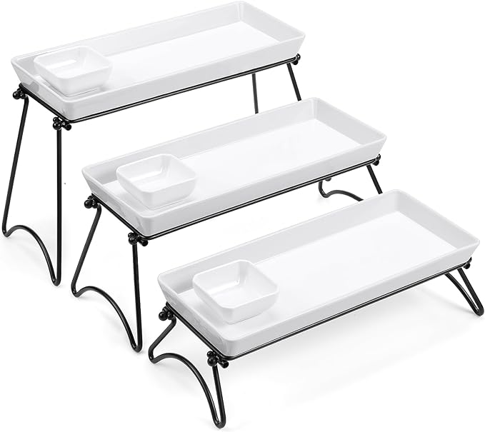 Yedio 3 Tier Serving Tray Set, 14" White Porcelain Platters with Collapsible Metal Stands, Tiered Serving Stand for Party Food Display, Cupcakes, Desserts, Fruit & Appetizers