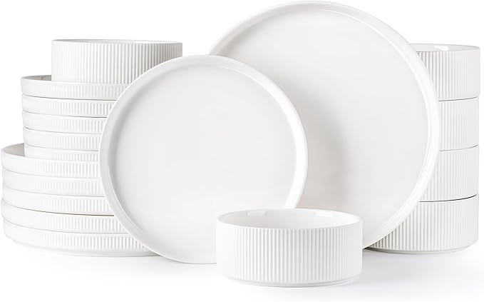 TheTerra Ceramic Dinnerware Sets for 6, 18 Pieces Porcelain Lightweight Plates and Bowls Sets, Scratch Resistant Dish Set, Oven & Microwave & Dishwasher Safe, Bright White