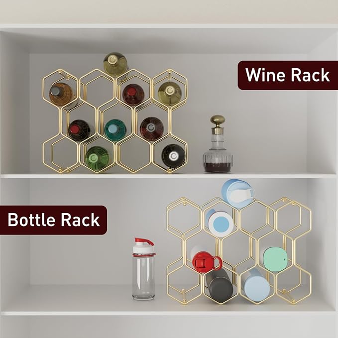 Buruis Countertop Wine Rack, 14-Bottle Modern Freestanding Metal Holder for Red and White Wine, Tabletop, Kitchen, Bar, and Cabinet Storage (Gold)