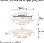 10" x 7" Ceramic Oval Casserole Dish with Glass Lid and Gold rack, 30 ounce Serving Soup Tureen,Chafing Dish for Buffet, Family Food preserve Tray, Catering Casserole for Party Style