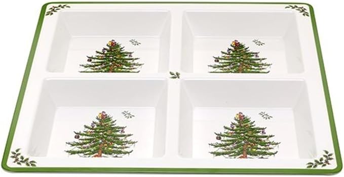 Spode Christmas Tree Melamine 4-Section Tray, 13.5-Inch Divided Holiday Serveware for Nuts, Candy, Condiments - Festive Tableware - Durable Holiday Entertaining Accessory for Indoor & Outdoor Use