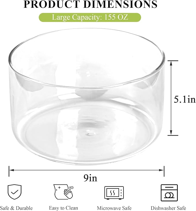 155oz Large Glass Trifle Bowl - Versatile Salad & Dessert Serving Bowl for Ice Cream, Cakes, Fruit, Baking and Party Display - Elegant Modern Design, Microwave & Dishwasher Safe (9 Inch)
